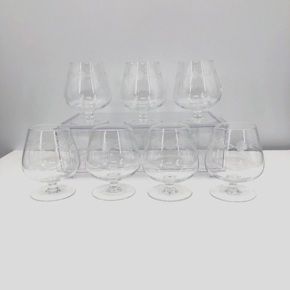 VTG Brandy Snifter Glasses 10 oz Etched Dripping Flower Set of 7 Midcentury FLAW